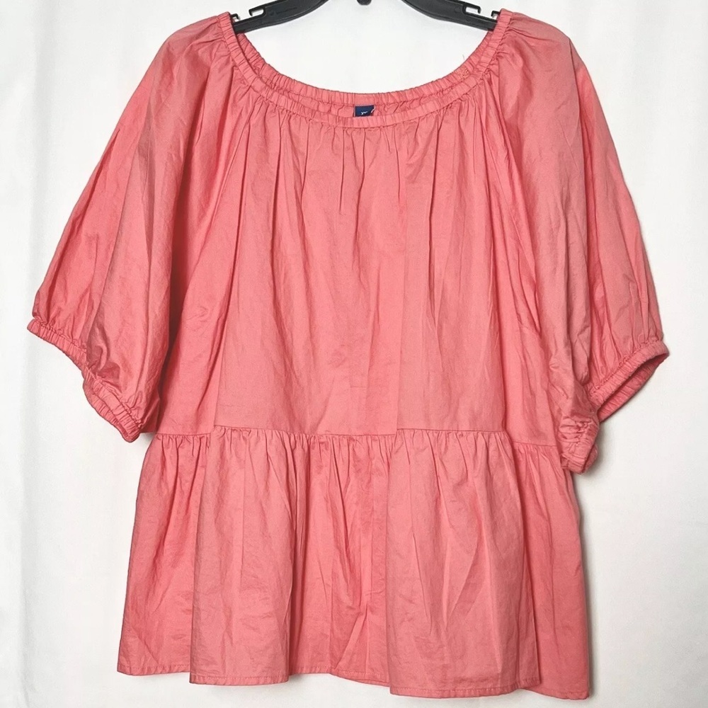 Old Navy SZ 1X Pheasant Boho Coral 3/4 sleeves w/ ruffle gathered neck NWT